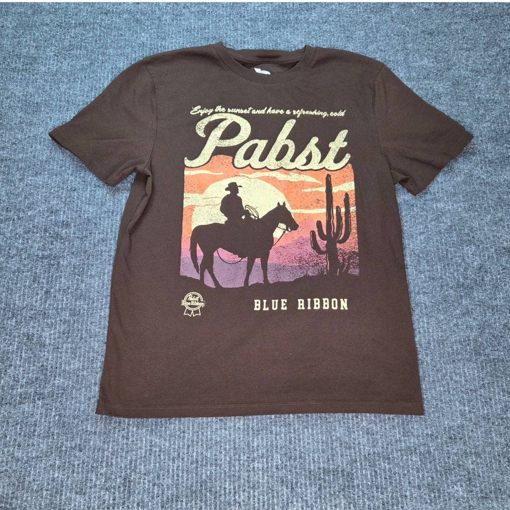 Pabst Blue Ribbon Graphic T Shirt Mens Medium Brown Western Cowboy Beer Sunset